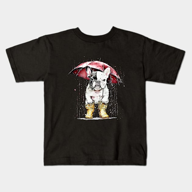 Cute french bulldog under the rain with red umbrella, vintage style, frenchie mon, frenchie dad, frenchie on vintage sun Kids T-Shirt by Collagedream